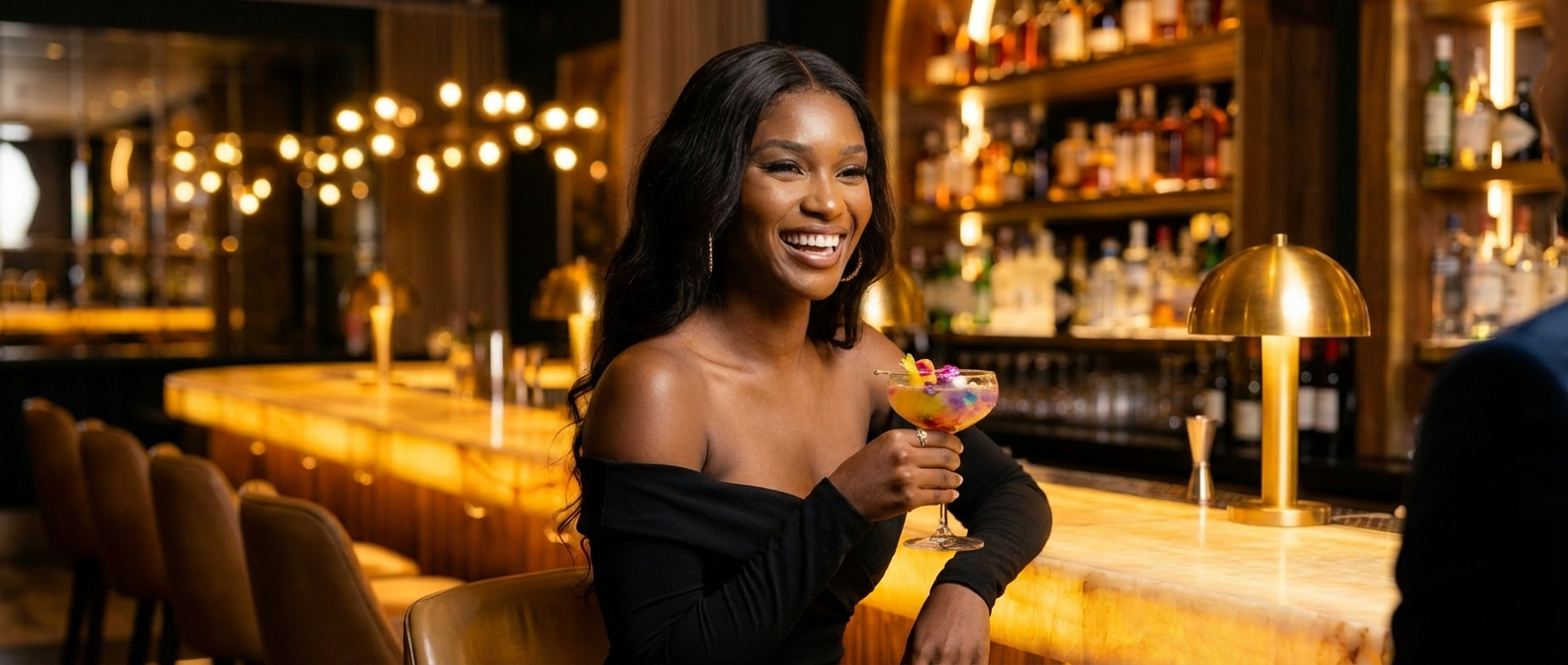 A sophisticated muse in an elegant bar setting